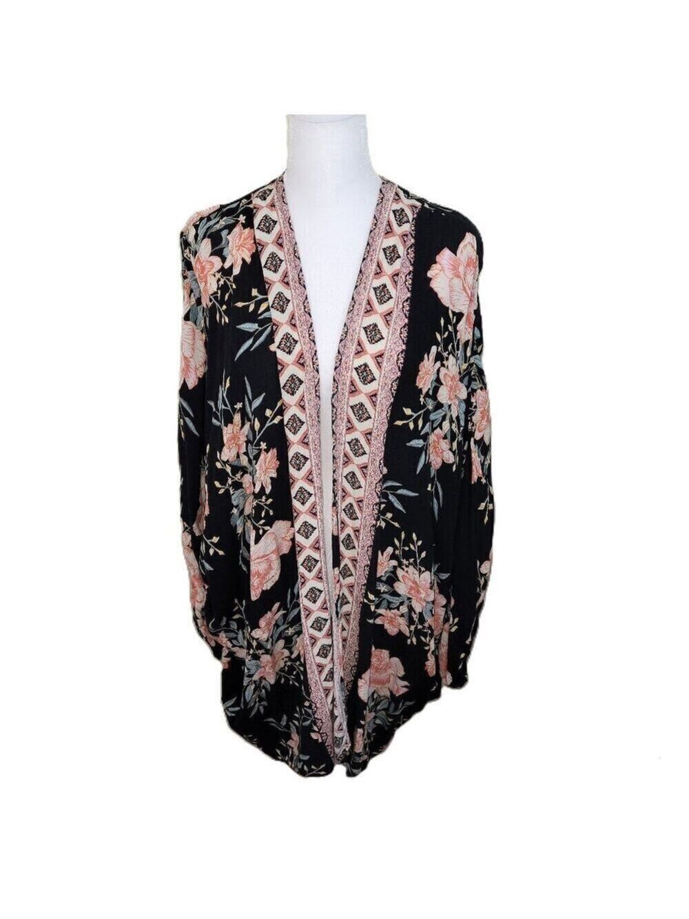 Billabong Floral Kimono Black/Pink Floral Open Front Cardigan Women's S/M